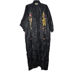 Vintage Phoenix Hand Embroidered 100% Pure Silk Black Kimono Robe XL Dragon